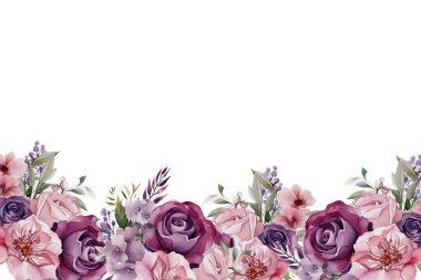 Çiçek açan botanik suluboya çiçekler sınır çerçevesi. Beyaz arkaplanda renkli çiçekler.