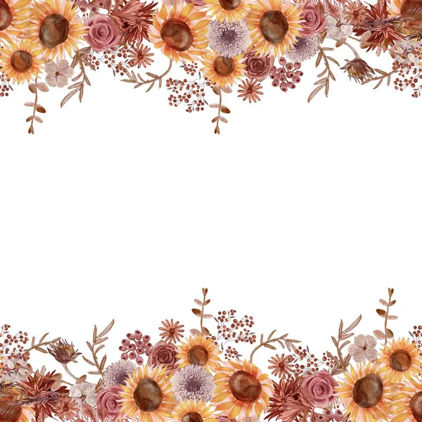 Sulu boyayla yapılmış kusursuz bir sınır. Kırılgan kır çiçekleri, saplar ve ince yapraklar, izole bir illüstrasyon. Düğün kırtasiyesi ve tebrik kartları için temel öğe