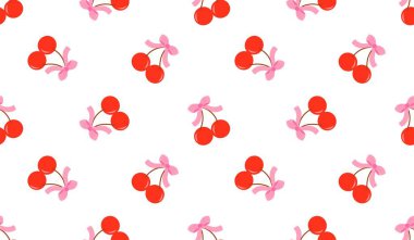 Kusursuz kırmızı kiraz desenli tasarım, düz kiraz desenli şablon vektörü.