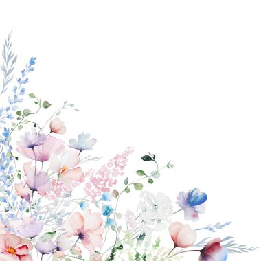 Suluboya çiçekleri tasarım için çerçeve. Çiçek çerçeveli kart şablonu. Pankart ve düğün kartı için vektör tasarımı çizimi.