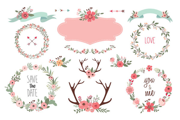 Save the date elements collection with flowers and antlers