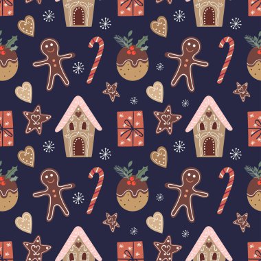 Noel deseni zencefilli ekmek ve hediyelerle, kış tasarımı