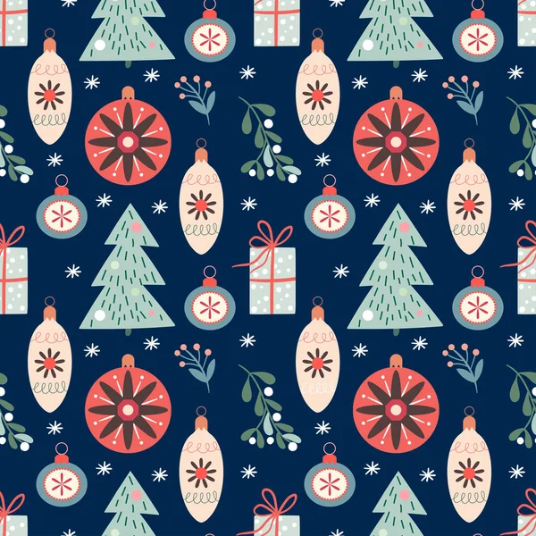 Dekorative Weihnachten Nahtlose Muster Mit Weihnachtsbäumen Und Dekorationen Winter Design — Stockvektor