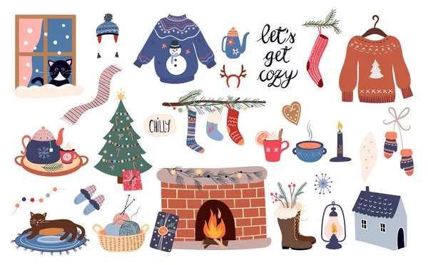 Cozy Winter Elements Collection Hygge Style Vector Design — Stock Vector