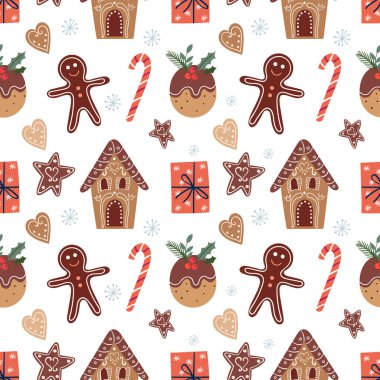 Noel aralıksız desenli zencefilli kurabiye ve geleneksel Noel kurabiyeleri, mevsimlik kış tasarımı