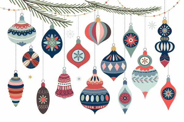 Collezione Ornamenti Natalizi Con Palline Natale Decorative Isolate Bianco Design — Vettoriale Stock