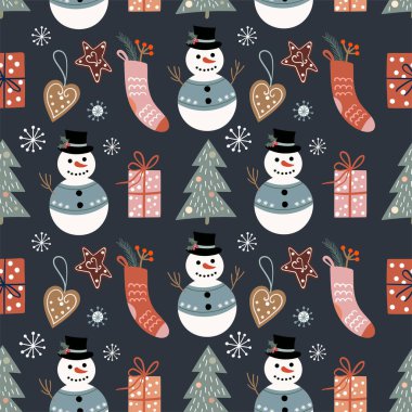 Kardan adam, Noel ağacı ve süslemelerle süslenmiş kış dekoratif desenleri