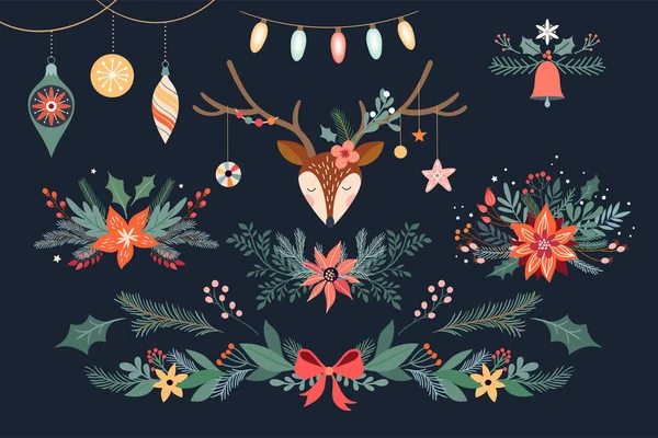 Colección Floral Navidad Con Ciervos Ramos Guirnaldas Diseño Invierno — Vector de stock
