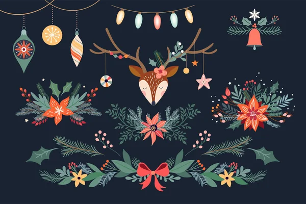 Kerst Bloemcollectie Met Herten Boeketten Bloemenslinger Winter Design — Stockvector