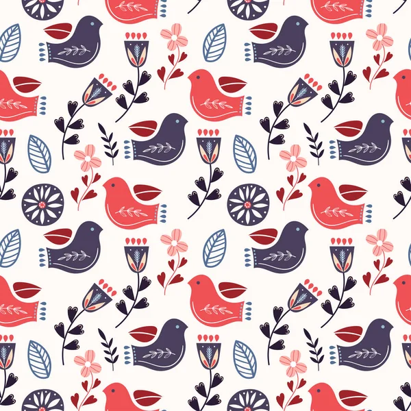 Scandinavian Seamless Pattern Birds Traditional Elements Vector Design — Stock Vector