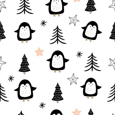 Beyaz arka planda sevimli penguenler olan kışın pürüzsüz desen, modern mevsimsel tasarım