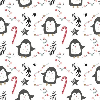 Penguenler, şekerler, çam dalları ve mevsimsel dizaynlarla kışın pürüzsüz desen