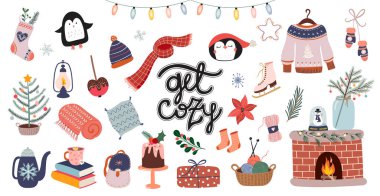 Cozy Christmas collection with different elements and hand lettering, isolated on white clipart