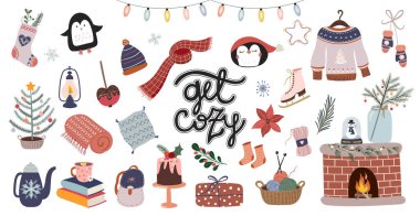 Cozy Christmas collection with different elements and hand lettering, isolated on white clipart