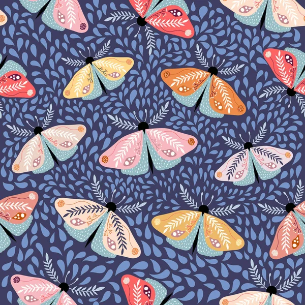 カラフルな蛾と装飾的な花のシームレスなパターン — ストックベクタ