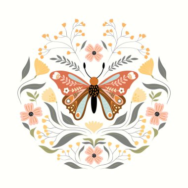 Dekoratif desenli çiçek kelebeği, farklı çiçekler ve bitkilerle yuvarlak kompozisyon, pastel renkler
