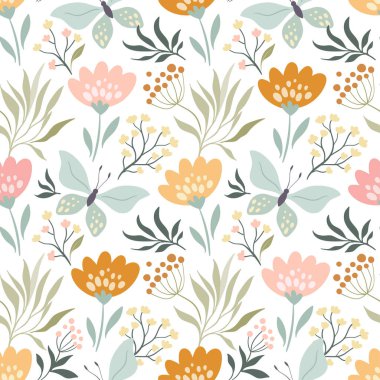 Çiçeksiz desenli kelebekler ve farklı çiçeklerle