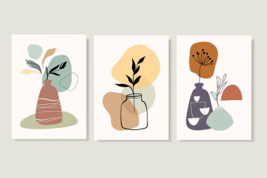 Soyut minimalist arka planlar, vazoda farklı yapraklar bulunan duvar resimleri. Çağdaş modern tasarım, karalama şekilleri