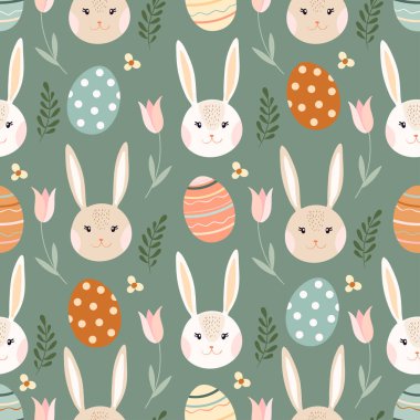 Tavşanlı, yumurtalı, çiçekli, mevsimsel dizaynlı paskalya deseni