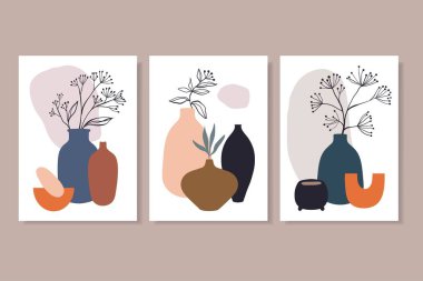 Soyut posterler, duvar sanatı dekorasyonu, çizgi sanat vektörü illüstrasyonu, bitkiler ve vazolar, modern minimalist çağdaş tasarım