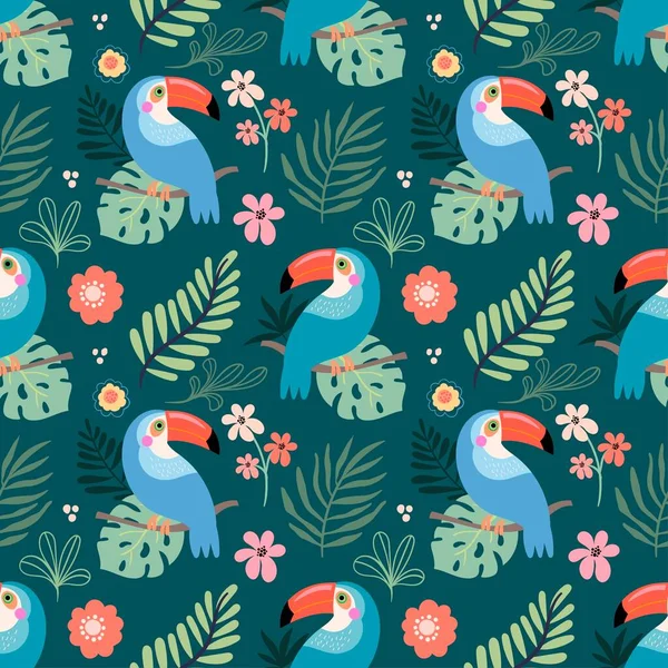 Tropical Seamless Pattern Toucans Flowers Leaves — Stock Vector