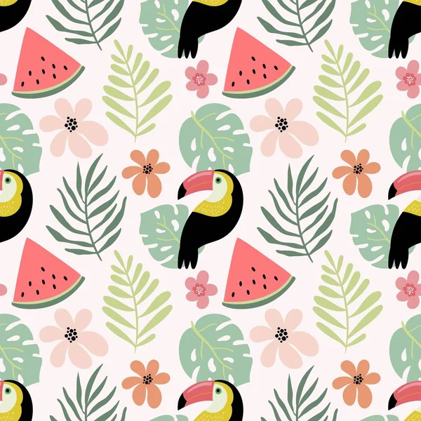 Modèle Sans Couture Été Avec Oiseau Toucan Feuilles Tropicales Pastèque — Image vectorielle