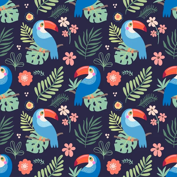 Motif Tropical Sans Couture Avec Toucans Fleurs Feuilles — Image vectorielle