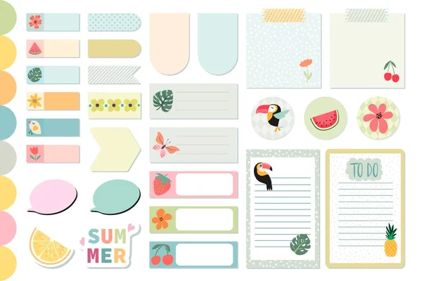 夏季文具收集 日记本贴纸 剪贴簿模板 笔记本 彩色标签 可爱的设计 — 图库矢量图片
