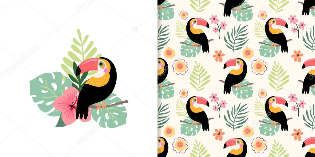 Tropical set with seamless pattern and floral arrangement, toucan, hibiscus, exotic leaves