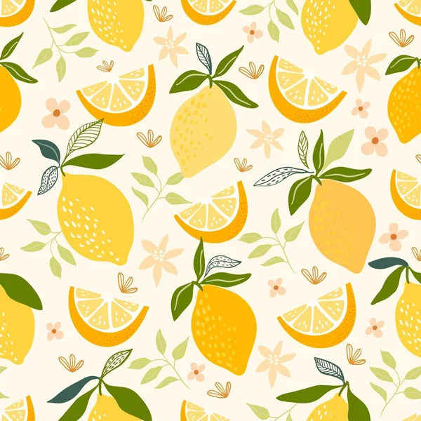 Modello Decorativo Senza Cuciture Con Limoni Foglie — Vettoriale Stock