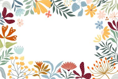 Çiçek kenarı, farklı çiçek ve bitkilerle dekoratif çerçeve, beyaz arkaplan