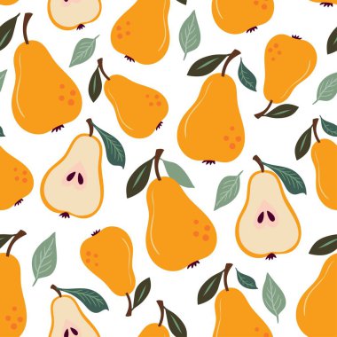 Beyaz arka planda armut ve yapraklarla dekoratif, pürüzsüz desen