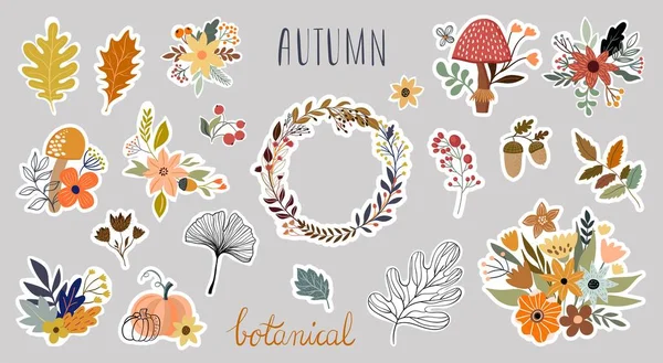Podzimní Kolekce Botanických Nálepek Sezonním Uspořádáním Rostlin — Stockový vektor