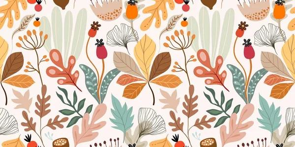 Nahtloses Herbstmuster Mit Verschiedenen Pflanzen Und Blättern Saisonales Dekoratives Design — Stockvektor