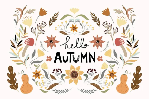 Autumn Floral Composition Poster Banner Seasonal Elements Sunflower Mushroom Pumpkin — Archivo Imágenes Vectoriales