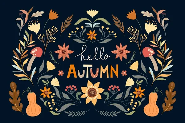 Olá Outono Composição Floral Cartaz Banner Com Elementos Sazonais — Vetor de Stock