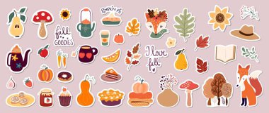 Sonbahar çıkartmaları, şirin mevsimlik elementlerle birlikte mıknatıslar koleksiyonu