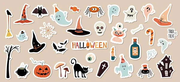 Halloween Stickers Collectie Met Verschillende Seizoensgebonden Elementen Grote Collectie Geïsoleerd — Stockvector