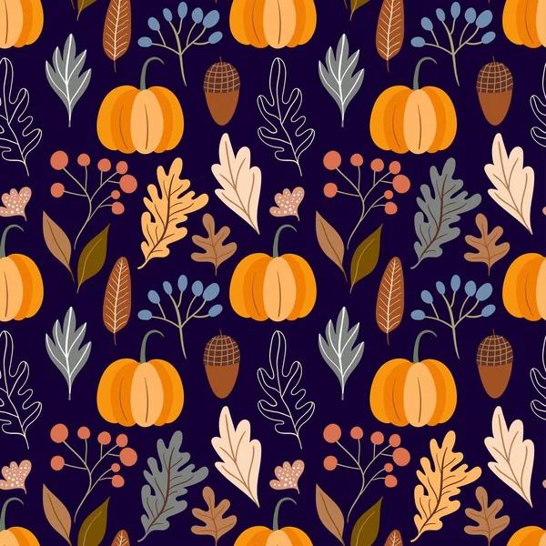 Podzimní Dekorativní Bezešvý Vzor Dýněmi Sezónními Prvky Žaludy Rostlinami Listy — Stockový vektor