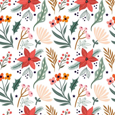 Noel çiçeksiz desen, mevsimlik çiçekler ve bitkiler, zarif kış tasarımı, beyaz arka plan