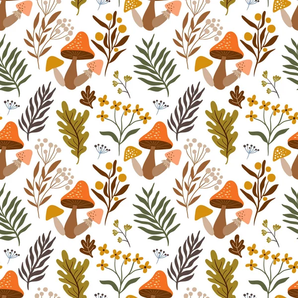 Autumn seamless pattern with seasonal elements, mushrooms and botanicals on white background