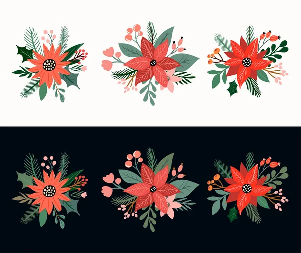 クリスマスの装飾花の花束 隔離された 季節の花や植物の配置 お祝いのデザイン — ストックベクタ