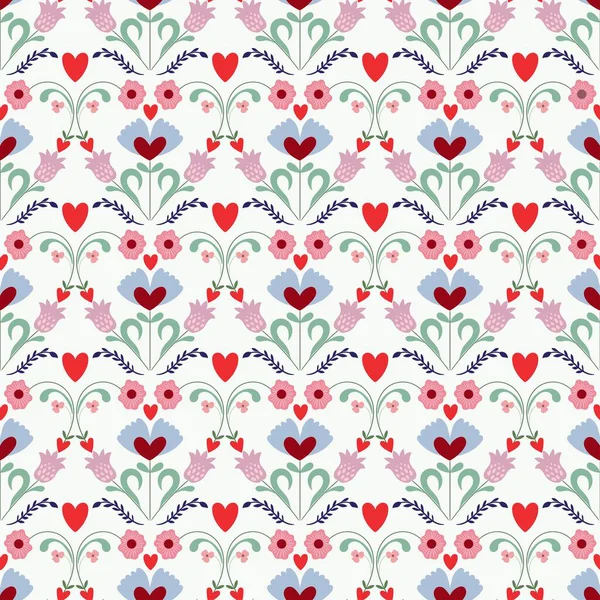 Şekillendirilmiş çiçekler ve kalp motifleri içeren kusursuz dekoratif desen yumuşak pastel renklerle romantik arka plan ve parlak kırmızı aksanlar, klasik duvar kağıdı.