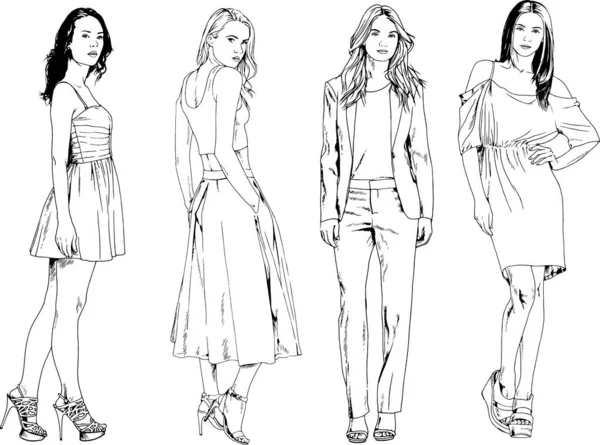 Desenhos Vetoriais Sobre Tema Menina Desportiva Magro Bonita Roupas Casuais — Vetor de Stock