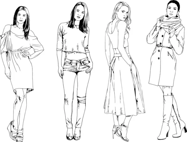 Desenhos Vetoriais Sobre Tema Menina Desportiva Magro Bonita Roupas Casuais — Vetor de Stock