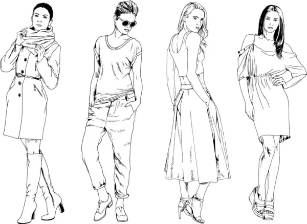 Vector Drawings Theme Beautiful Slim Sporty Girl Casual Clothes Various — Stock Vector