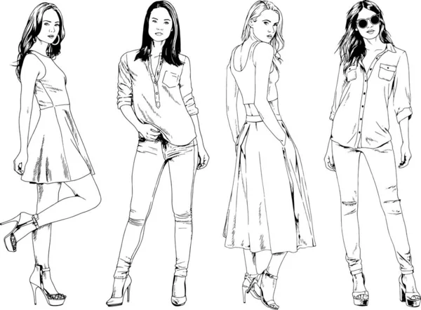 Desenhos Vetoriais Sobre Tema Menina Desportiva Magro Bonita Roupas Casuais —  Vetores de Stock