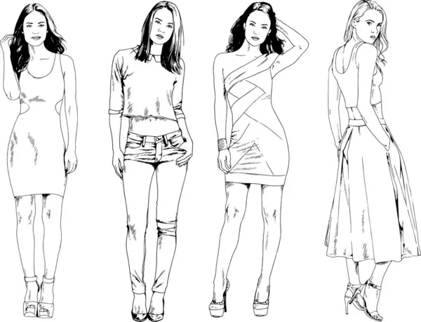 Dibujos Vectoriales Sobre Tema Hermosa Chica Deportiva Delgada Ropa Casual — Archivo Imágenes Vectoriales