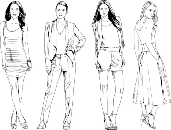 Dibujos Vectoriales Sobre Tema Hermosa Chica Deportiva Delgada Ropa Casual — Vector de stock