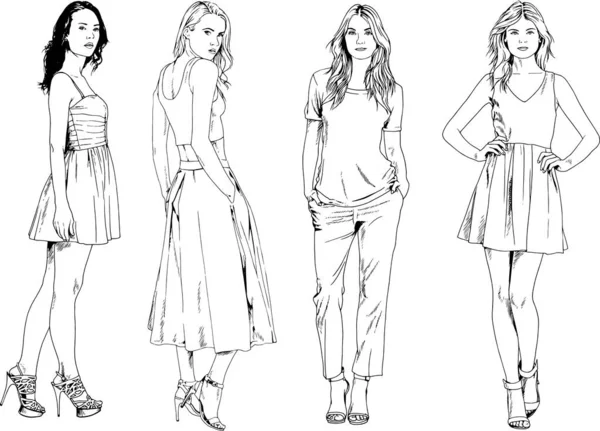 Vector drawings on the theme of beautiful slim sporty girl in casual clothes in various poses painted ink hand sketch with no background — Stock Illustration Vector Drawings Theme Beautiful Slim Sporty Girl Casual Clothes Various Stock Vector